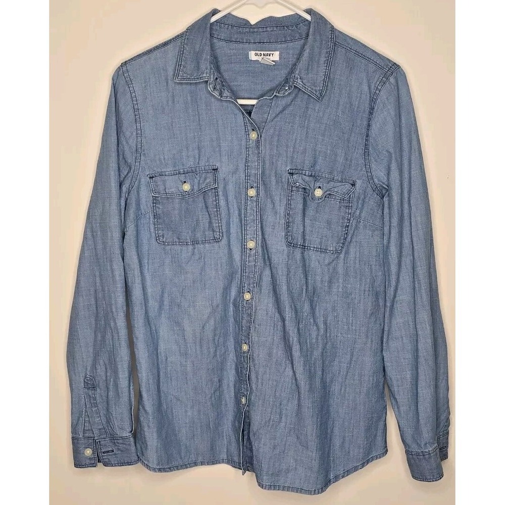 Old Navy Womens Top Medium Blue Long‎ Sleeve Collared 2 Pocket Solid Button Up